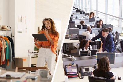 image of a woman working on a tablet and an image of a woman working in a data center