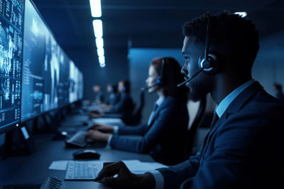 a man and woman working in a Network Security Operations Center