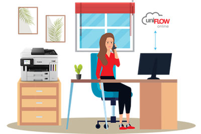 Image of the a woman on the phone with a MegaTank GX7120X in the background