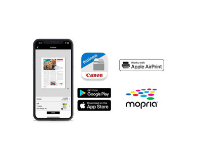 Photo of a cell phone beside the Canon and app stores available for the product.