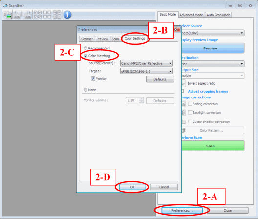Manually set color matching for the scanner driver.