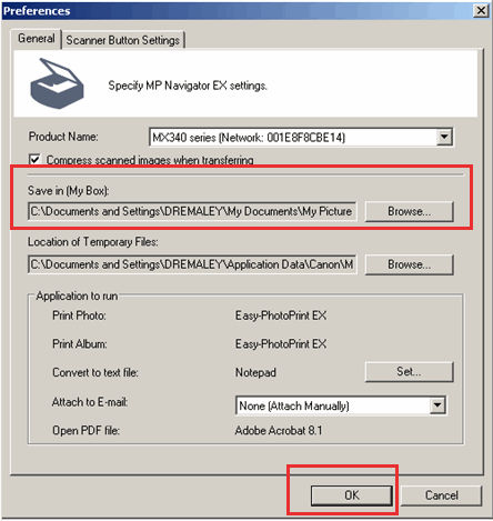 Saving scanned images in Windows - MX340
