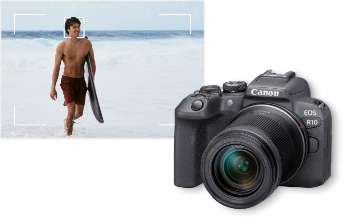 EOS R10 Fast Autofocus Sample with Surfer Walking on a Beach