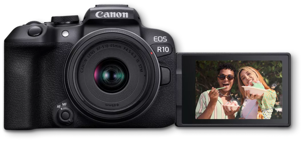 EOS R10 Camera Front View with Open Screen