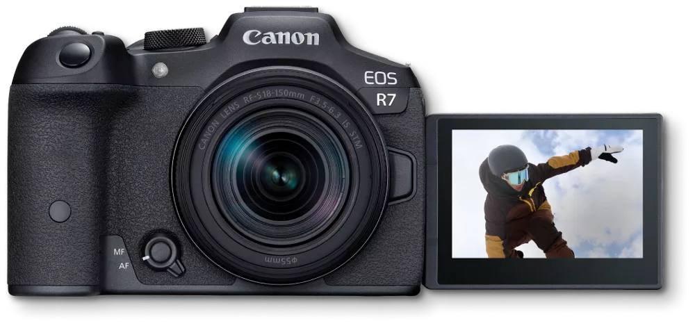 EOS R7 Camera Front View with Open Screen