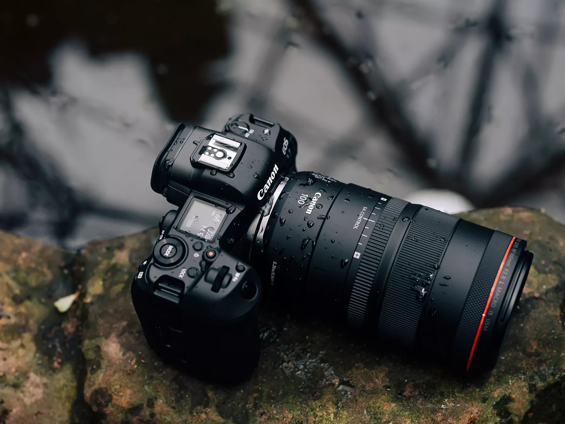 camera and lens with water droplets on it