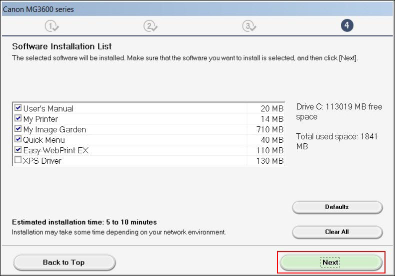 Select any software you wish to install, then select Next (outlined in red)