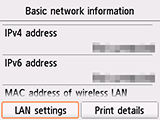 Basic network information screen: Select LAN settings