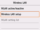 Wireless LAN screen: Select Wireless LAN setup