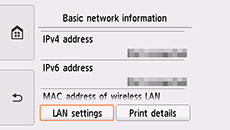 Basic network information screen: Select LAN settings