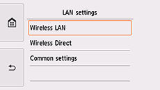 LAN settings screen: Select Wireless LAN