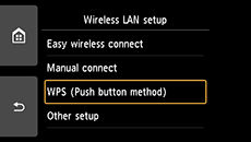 Wireless LAN setup screen: Select WPS (Push button method)