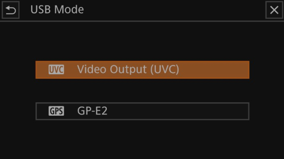 Screen shot of UVC option to Live Stream from the Canon XA60