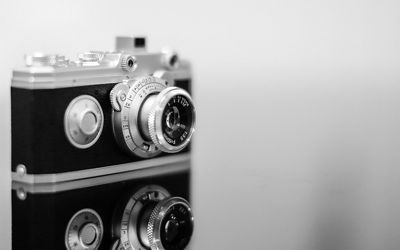 Black and white image of a Canon camera