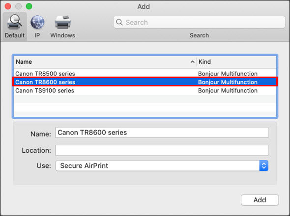 Software installation screen with Canon TS series select in the Bonjour Multifunction row