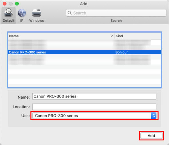 Select the Canon PRO-300 series, then make sure that it's selected for Use: Click Add (outlined in red)