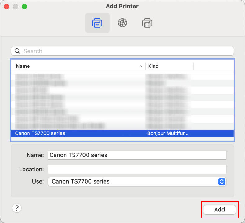 Make sure your printer series is shown for Use, then click Add (outlined in red)