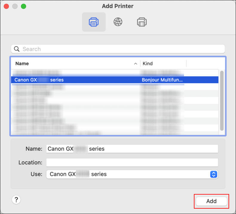 Make sure your printer series is shown for Use, then click Add (outlined in red)