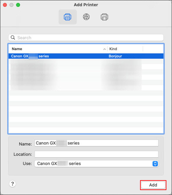 Select the printer with Bonjour listed in the Kind column. Select AirPrint or Secure Airprint for Use: and click Add (outlined in red)