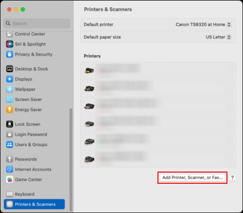 Select Add Printer, Scanner, or Fax... (outlined in red)