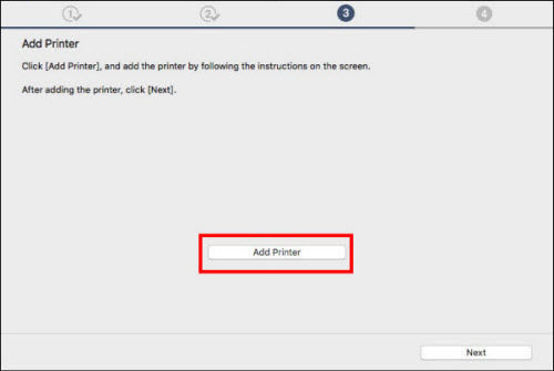 Add Printer screen: Click Add Printer (outlined in red)