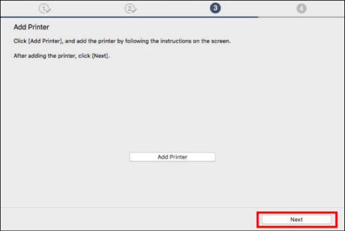 Add Printer screen: Click Next (outlined in red)