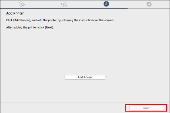 Add Printer screen, Next button outlined in red
