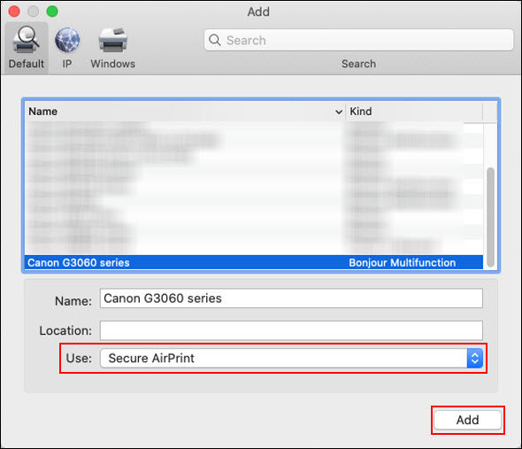 Select the printer with Bonjour Multifunction listed in the Kind column, then click Add (outlined in red)