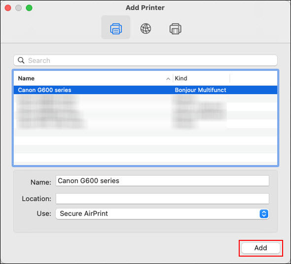 Select the printer with Bonjour Multifunction listed in the Kind column. Select AirPrint or Secure Airprint for Use: and click Add (outlined in red)