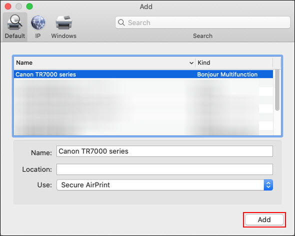 Select the printer with Bonjour Multifunction listed in the Kind column, then click Add (outlined in red)