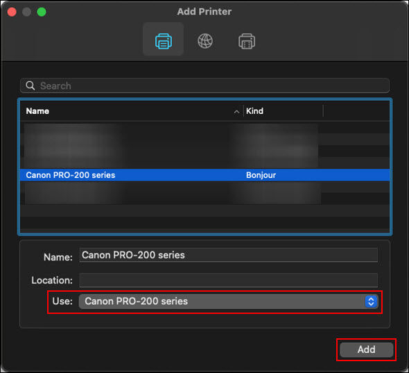 Select the printer with Bonjour Multifunction listed in the Kind column, then click Add (outlined in red)