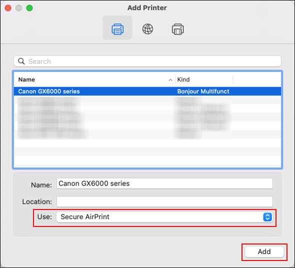 Select the printer with Bonjour Multifunction listed in the Kind column. Select AirPrint or Secure Airprint for Use: and click Add (outlined in red)