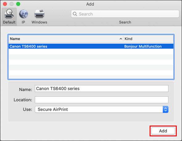 Select the printer with Bonjour Multifunction listed in the Kind column, then click Add (outlined in red)