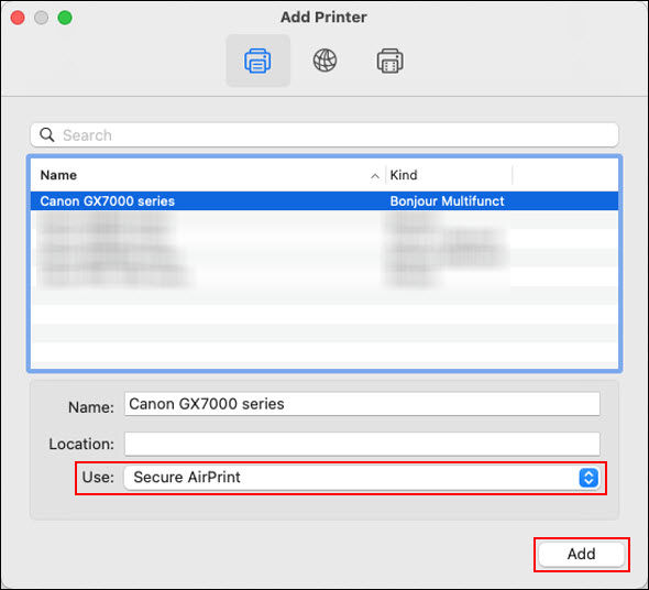 Select the printer with Bonjour Multifunction listed in the Kind column. Select AirPrint or Secure Airprint for Use: and click Add (outlined in red)