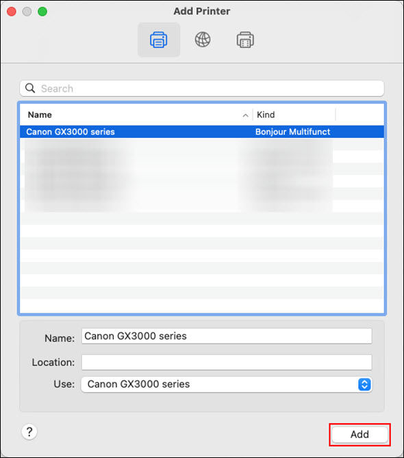 Select the printer with Bonjour listed in the Kind column. Select AirPrint or Secure Airprint for Use: and click Add (outlined in red)