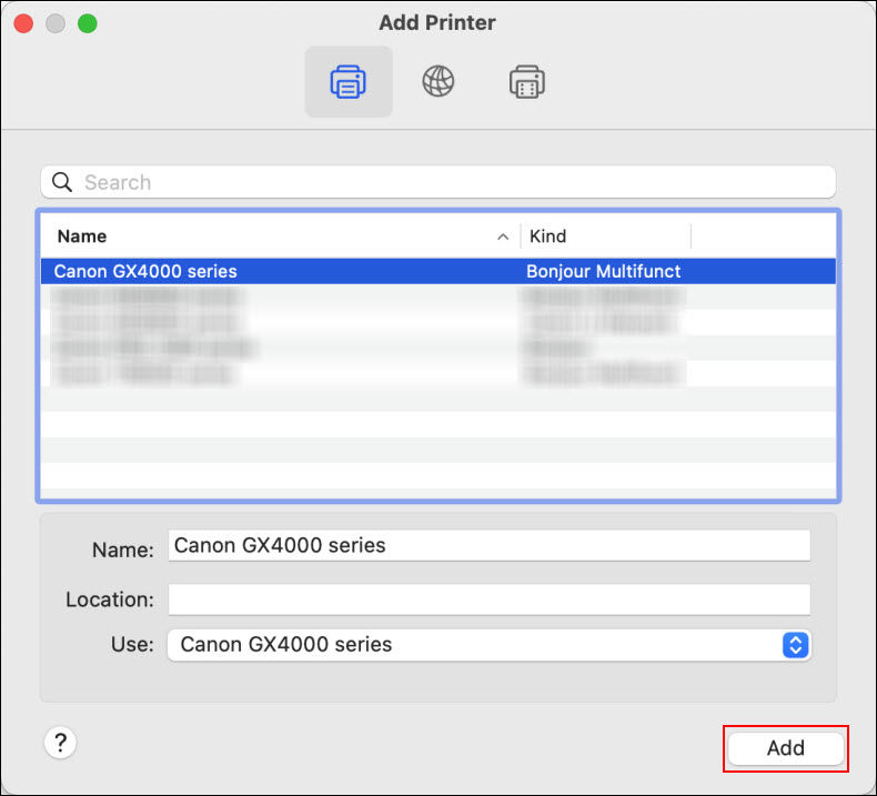 Select the printer with Bonjour listed in the Kind column. Select AirPrint or Secure Airprint for Use: and click Add (outlined in red)