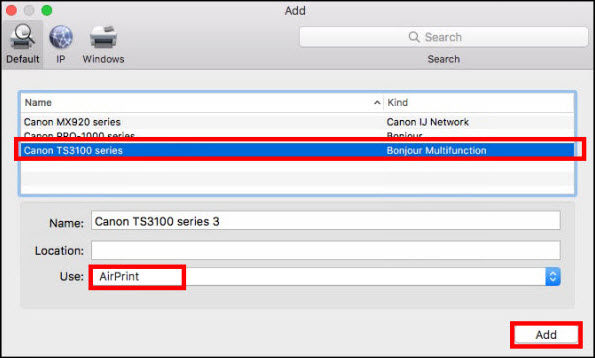 Add window: Select your printer, select AirPrint or Secure AirPrint, then click Add (outlined in red)