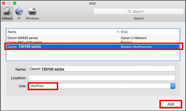 Add screen, TS6100 series outlined in red. AirPrint selected for Use: and Add button outlined in red