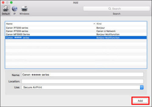 Select your printer with Bonjour Multifunction listed in the Kind column and click Add (outlined in red)