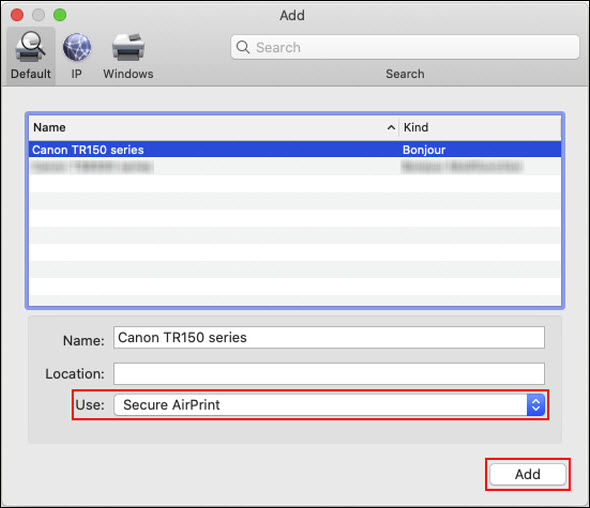 Select your printer from the list. Make sure that either Secure AirPrint or Airprint is selected for Use