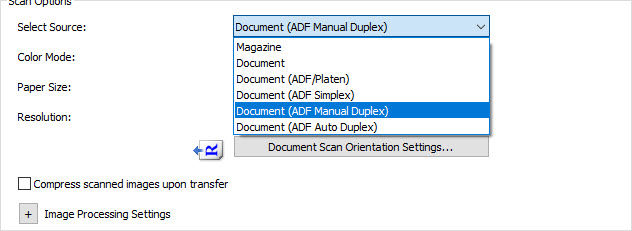 Document ADF Manual Duplex selected from drop-down