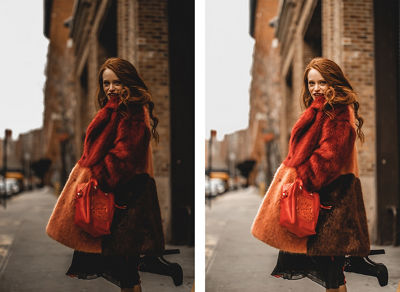 side by side light and shadow comparison of red-haired model in bright red fur coat turning to look at the camera with one heel in the air