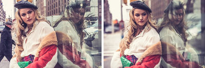 Side by side portraits of blonde model with dark beret and a coral fur jacket comparing difference in background when shutter speed changes - image on the left appears cluttered with a sharp background and the subject is in better focus and uncluttered on the right with a blurred background