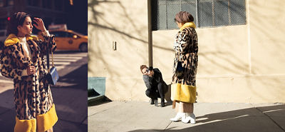side by side image of action shot of photographer and subject on the right and the resulting photo on the left of a model wrapped in a feaux leopard print jacket with a matching blue and gold handbag holding her hand up to block the sun