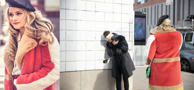 Side by side photos of action shot of photographer on the left and the portrait of the model on the right with her curled blonde hair falling below her shoulders and wearing a dark beret and coral fur jacket