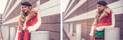 Side by side image of blonde model in a beret and green purse