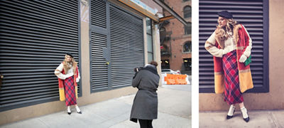 Full body image of model on the right and the behind the scenes shot on the left