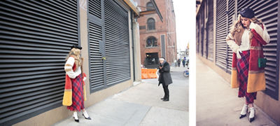 Full body image of model on the right and the behind the scenes shot on the left