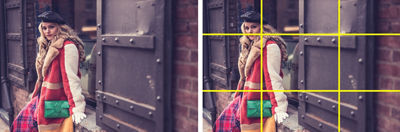 Image of blonde model on left and on the right with a grid overlayed