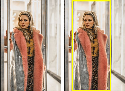 full body image of model on left and the same on the right with a yellow box around her